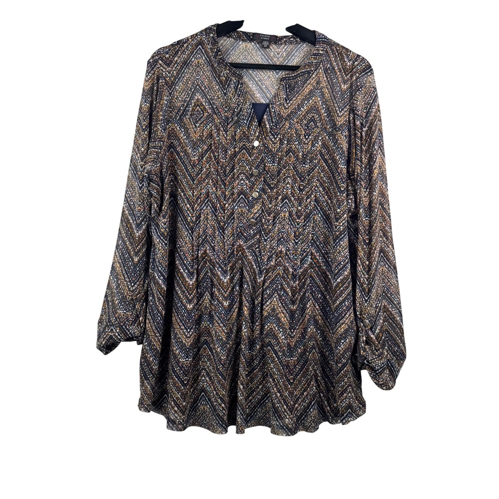 Cocomo Woman Tunic sz 2X Navy Gold Chevron Mesh Roll Tab Sleeve Blouse